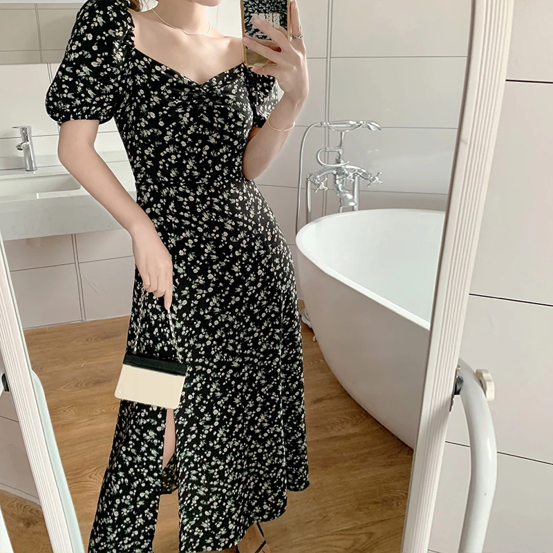 

Summer Elegant Black Floral Puff Sleeve Midi Dress Sexy Off Shoulder Holiday Party Vestidos Female Clothing