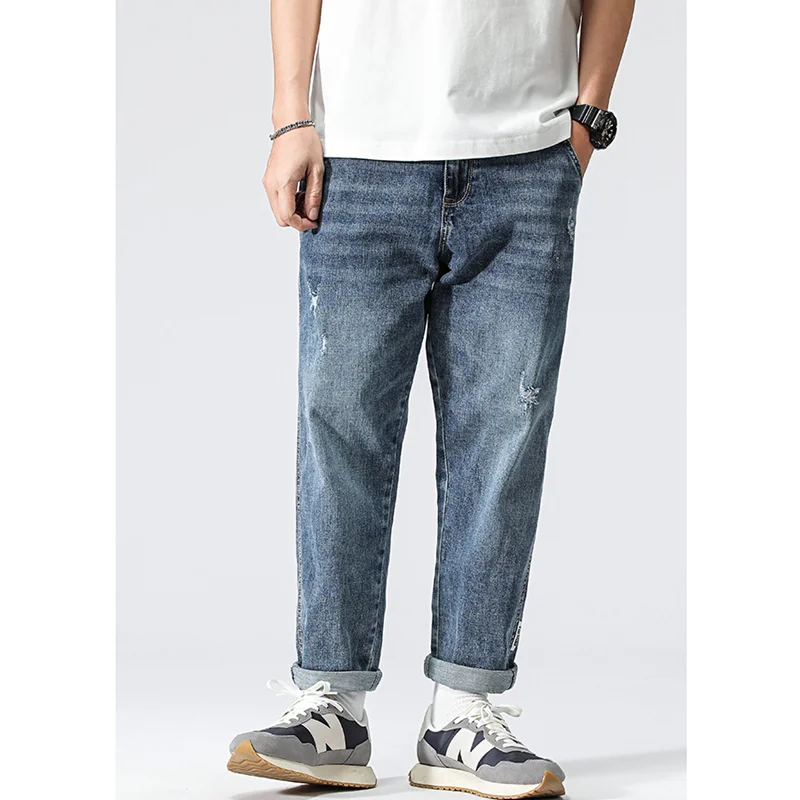 Streetwear Men New Pattern Vintage Recreational Blue Pants American Straight Cylinder Comfortable Loose Jeans 2022 Autumn Female