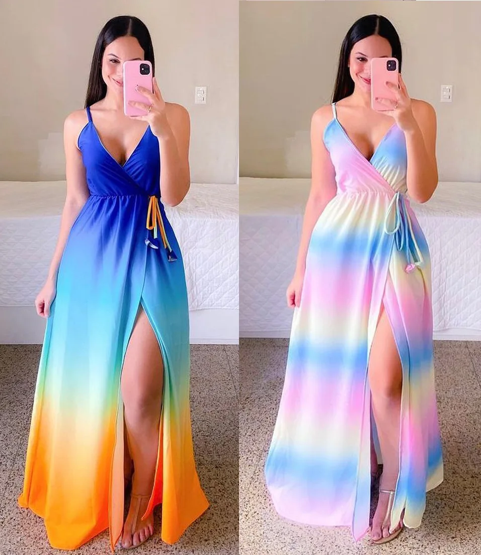 

Color skirt body temperament commuter strap gradient blue chiffon beach skirt dress summer 2022 explosion