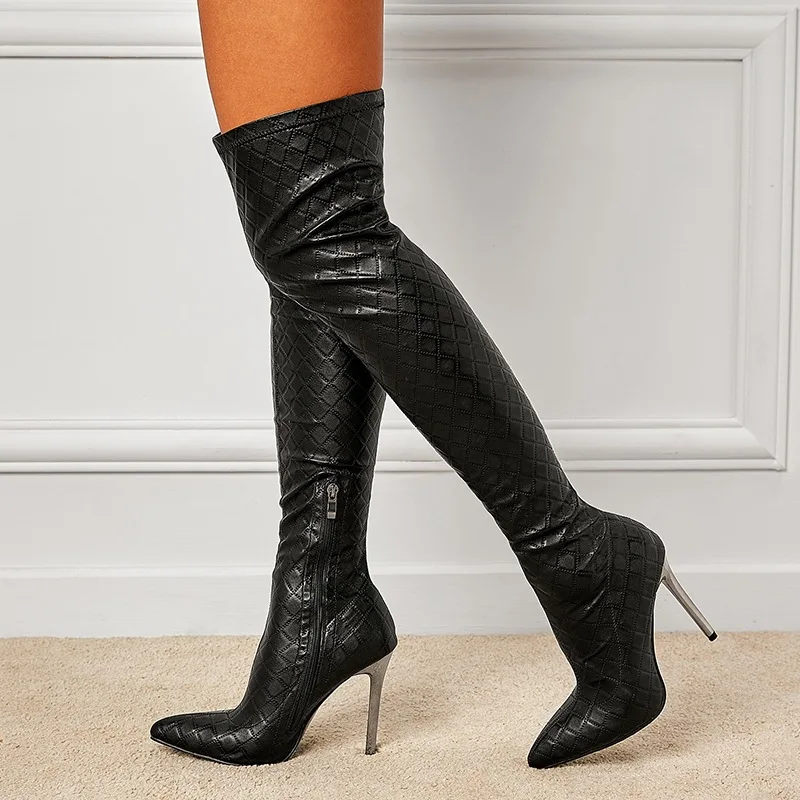 

Women's Fashion High Heel Boots Plaid Pattern Over-the-knee High Boots 2023 New Stiletto Women Shoes Black Elastic Long Boot