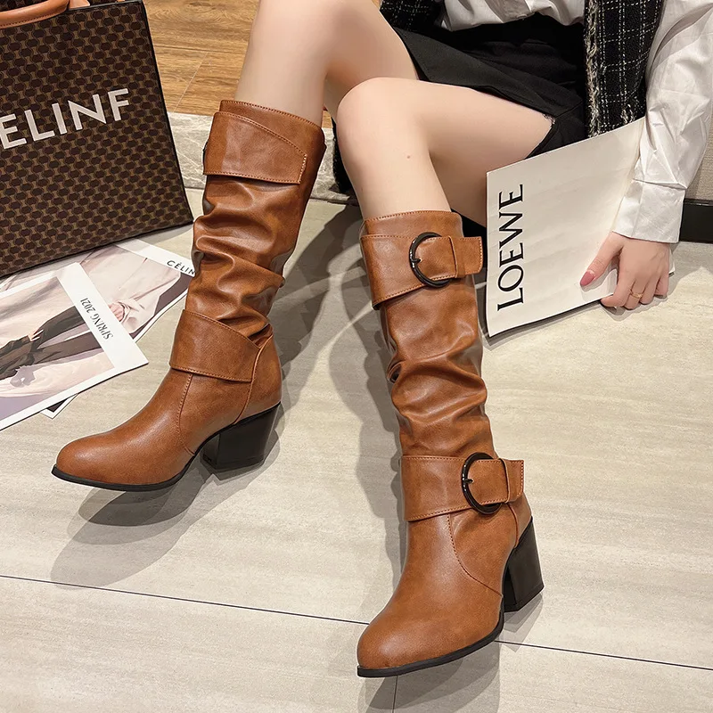 Women High Heels Chelsea Boots 2022 Autumn Winter New Chunky Pumps Fashion Mid-calf Motocycle Boots Ladies Shoes Casual Bootas