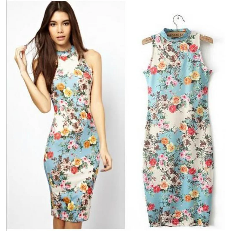 

2020Summer New European and American Women's Clothing Vintage Floral National Style Slim-Fit Sleeveless Sheath Dress