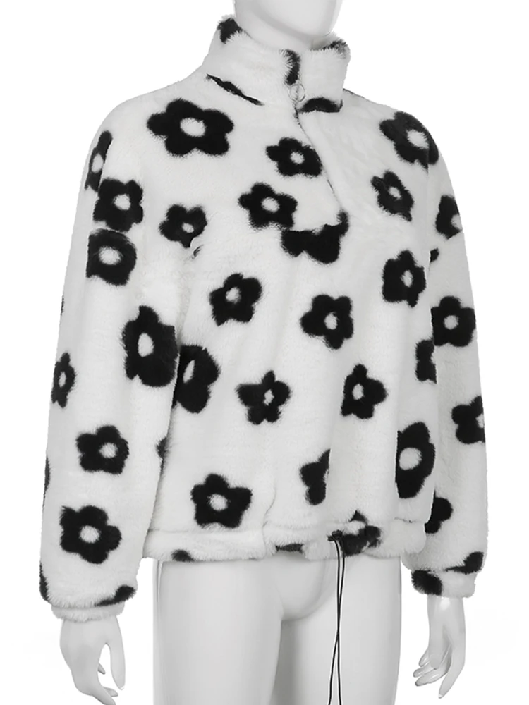 WeiYao Floral Print Pluffy Faux Fur Coats Women Zip Up Turtleneck Long Sleeve Winter Clothes Street Style Y2K Fashion Pullover