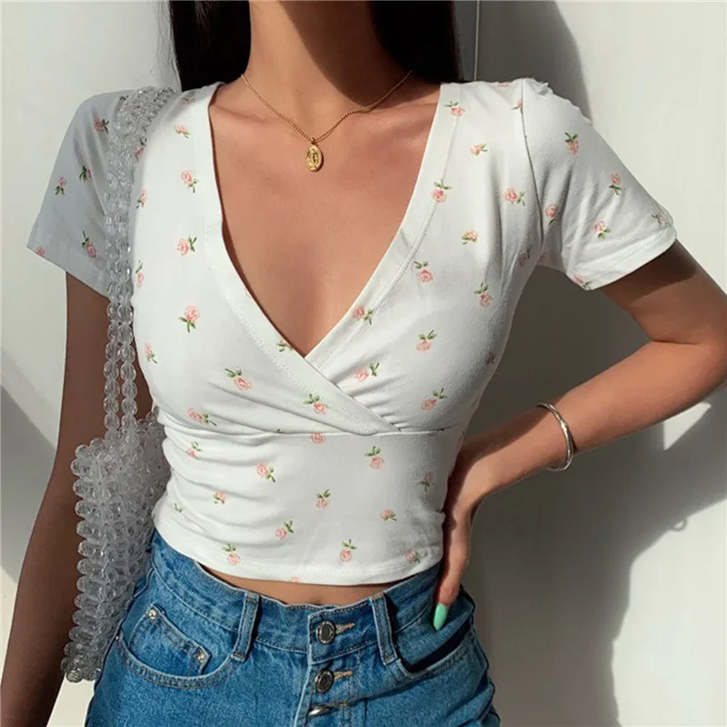 

Y2K Vintage Crop Top Women Floral T-shirt Cropped Slim Short Sleeve V-neck Sexy Summer Clothes Tee Shirt Femme Woman Tops QY1028