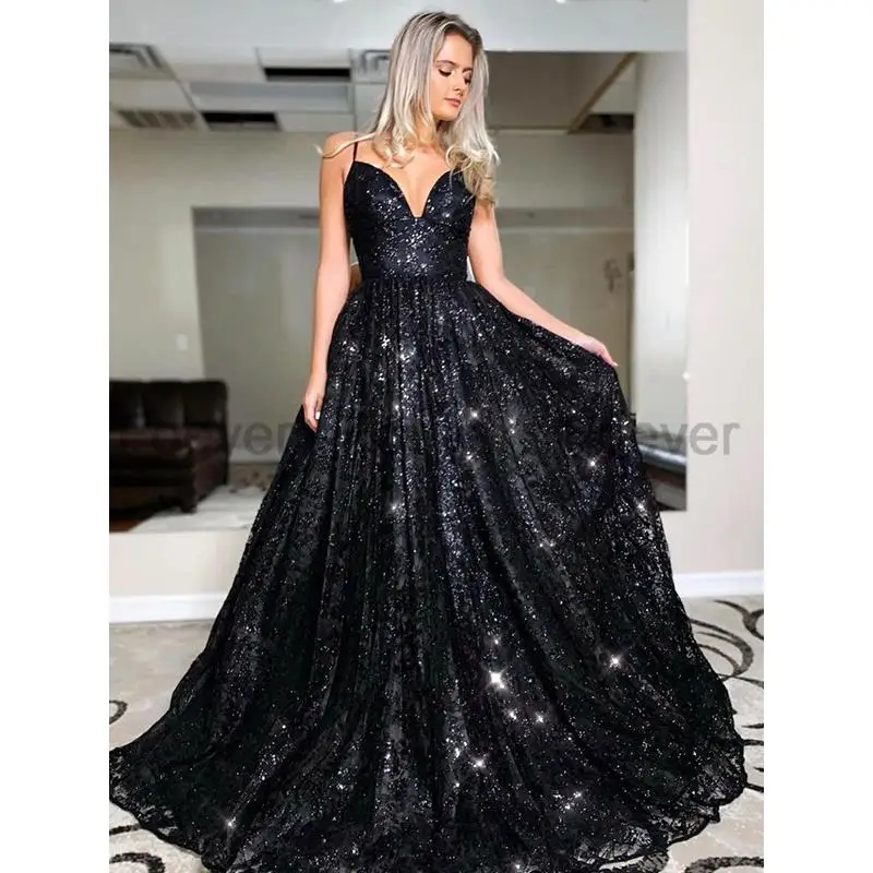 

Black Evening Dress Straps Deep V Neck Sequins Floor Length Lace Up Back Formal Evening Dresses Party Gowns
