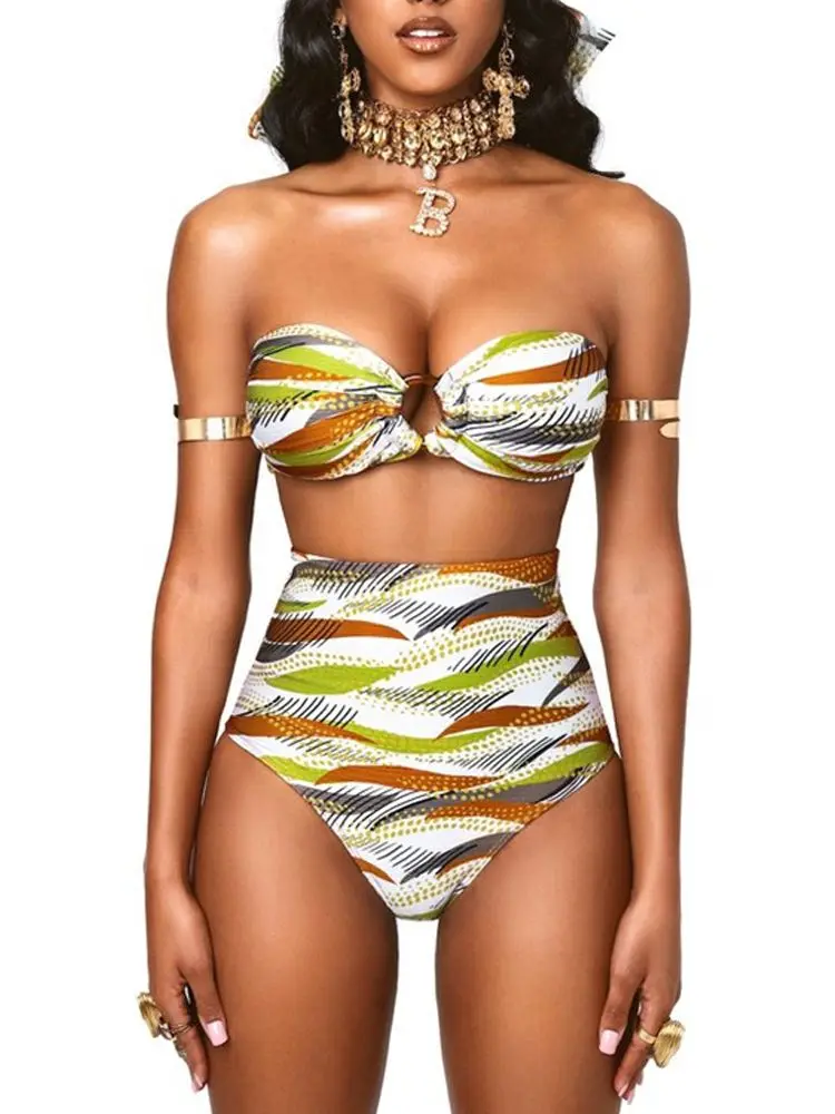 

Купальник-бикини в африканском стиле, пикантный купальник с завышенной талией, купальный костюм-бандо с кольцами для женщин, купальник из д...