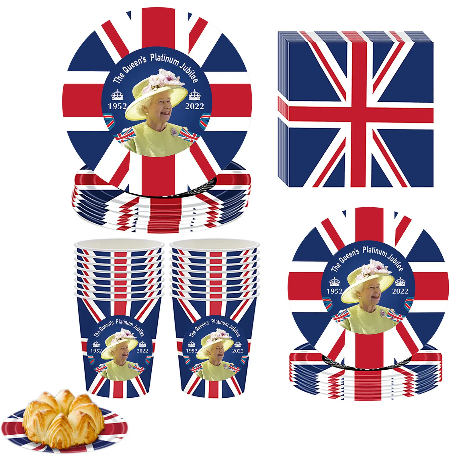 

114pcs Union Jack Tableware Set Queen's 70th Jubilee Paper Cups Plates Dinnerware Set British Bunting Flag Party Supplies Home