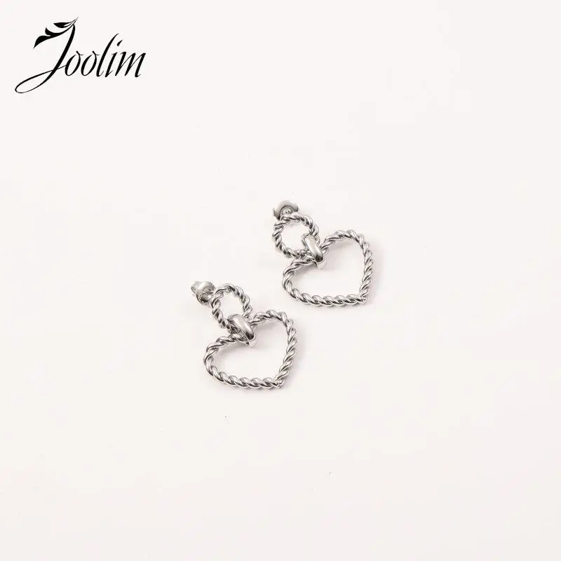 

Joolim Jewelry High Quality PVD Wholesale Twisted Sweety Delicate Love Heart Pendant Hoop Stainless Steel Earring for Women