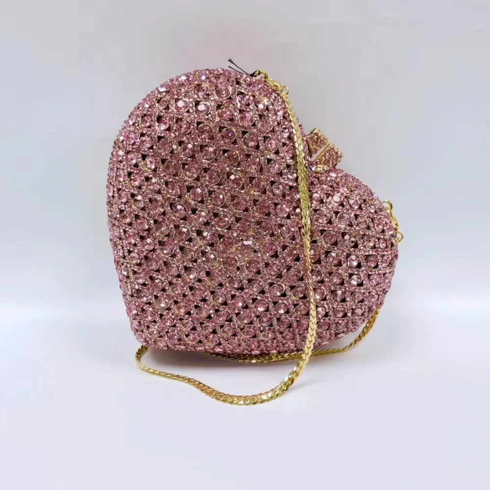 

Crystal Clutches Bags For Wedding Gala Dinner Rhinestone Minaudiere Purse and Handbag Women Heart Shape Pink Stones Evening Bags