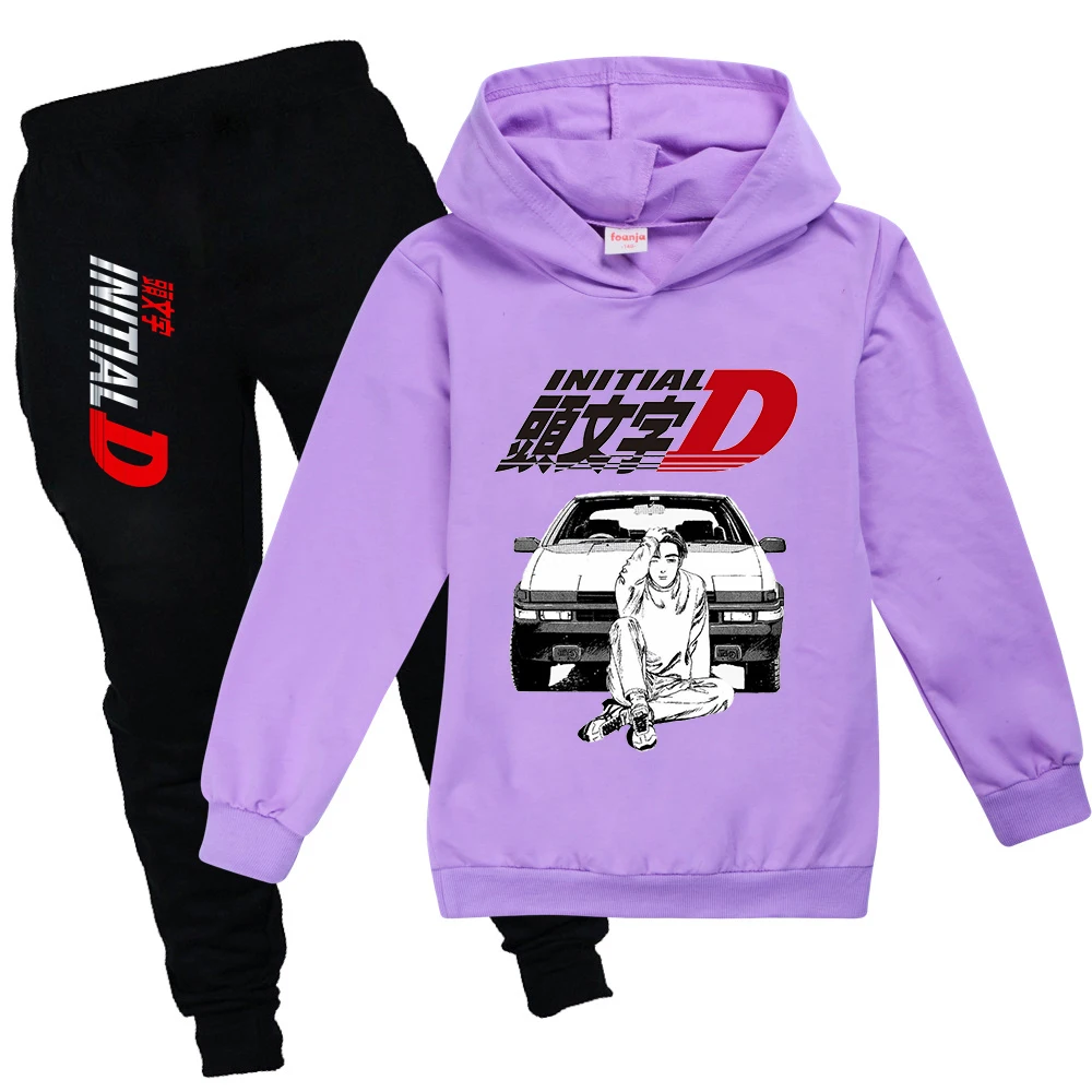 Initial D Hoodie Kids Japanese Anime Autumn Spring Sweatshirt Girls/Boys Graphic Clothing Set Long Sleeve Suit Casual Tops 2-15Y