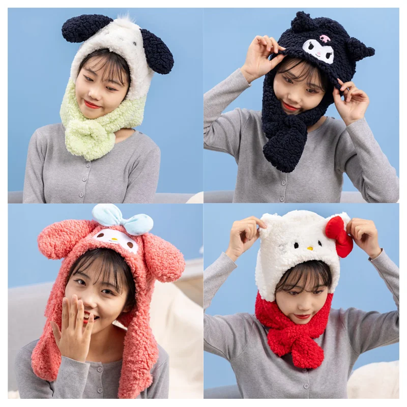 

Аниме Sanrioed My Melody Cinnamoroll Hellokittys понравило плюшевая мягкая шапка шарф костюм мультяшный милый зимний женский подарок