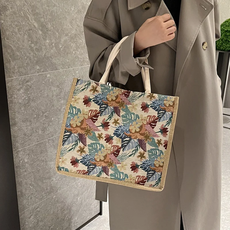 

Tas Bahu Tote Floral Wanita Kasual Tas Selempang Kapasitas Besar Retro untuk Wanita Tas Tangan Ritsleting Desainer Mewah