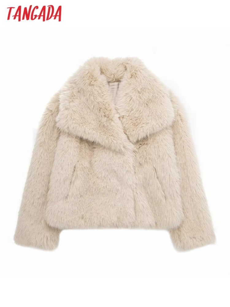 

Tangada Women 2022 Winter Beige Oversized Faux Fur Coat Long Sleeve Pockets Female Outerwear 3H296