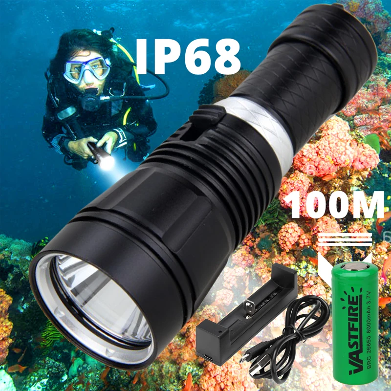 Powerful LED Diving Flashlight Super Bright Professional Underwater Torch IP68 Waterproof rating Lamp Light Using 18650 Battery