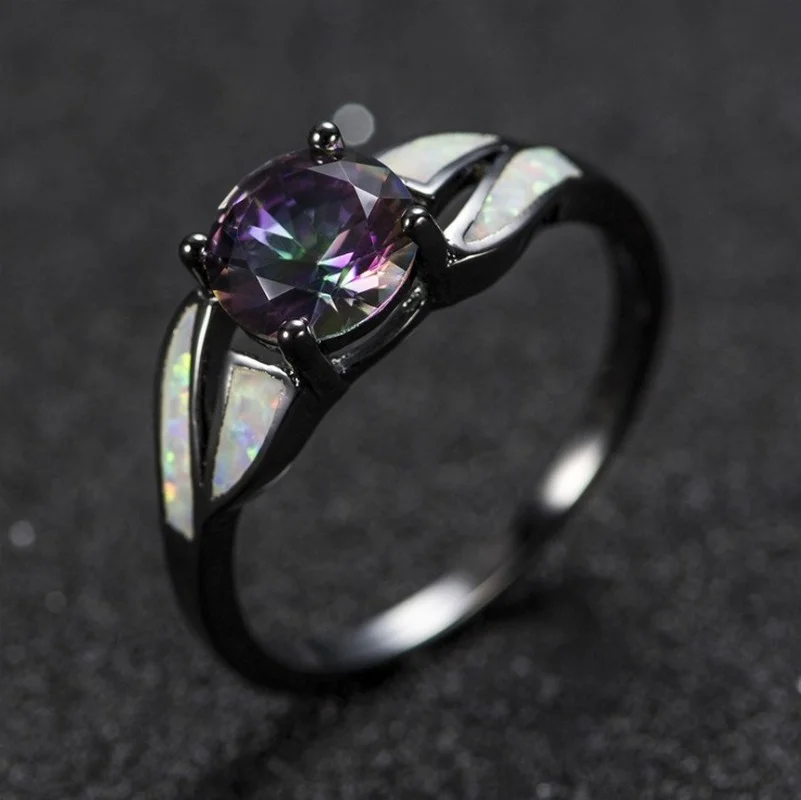 

Gun plated black opal Aobao cubic ring colorful crystal ring