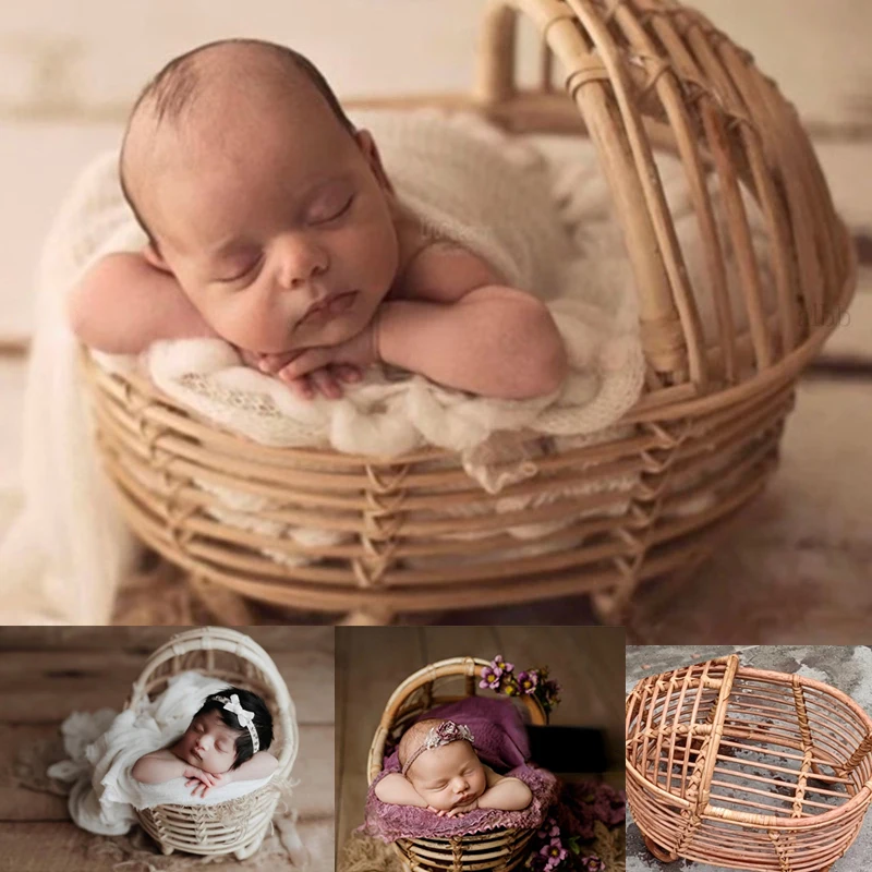 Newborn Photography Props Rattan Round Container Basket Chair Bebe Photo Accesories Recien Baby Girl Boy Posing Bed Background