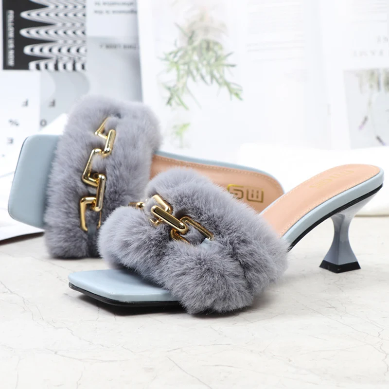 Summer Women High Heels Sandals Mules Slides Low  Metal Chain Furry Slippers Sexy Outdoor Shoes Fluffy  Zapados Mujer