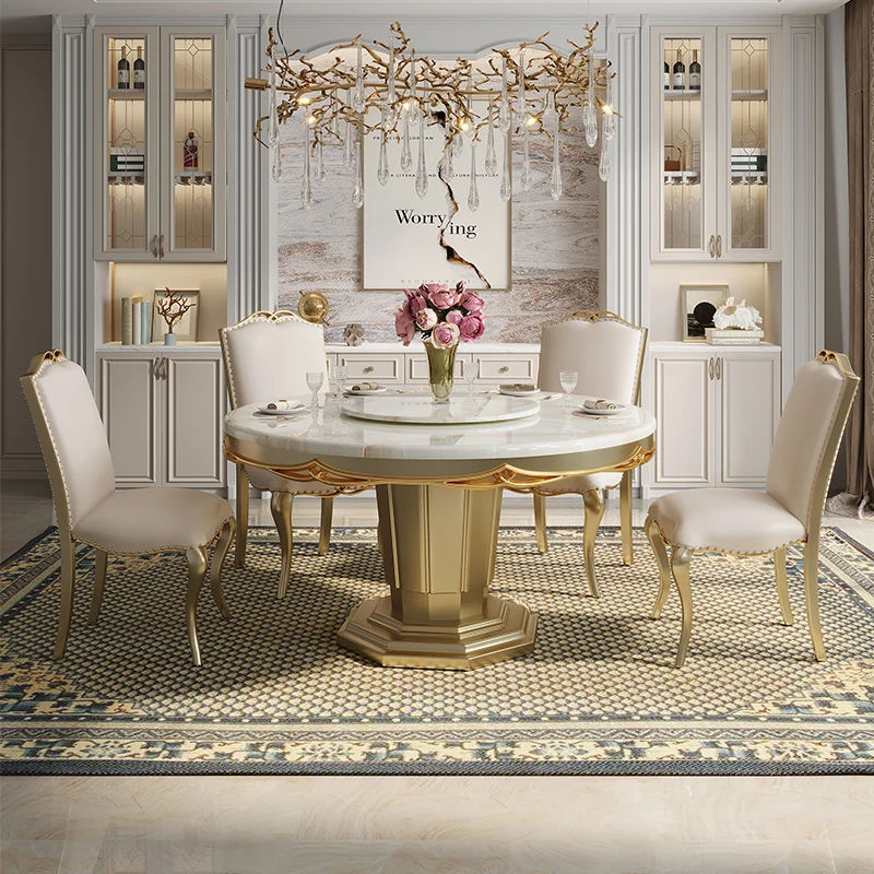 Американский светлый роскошный кожаный обеденный стол и стулья из цельного