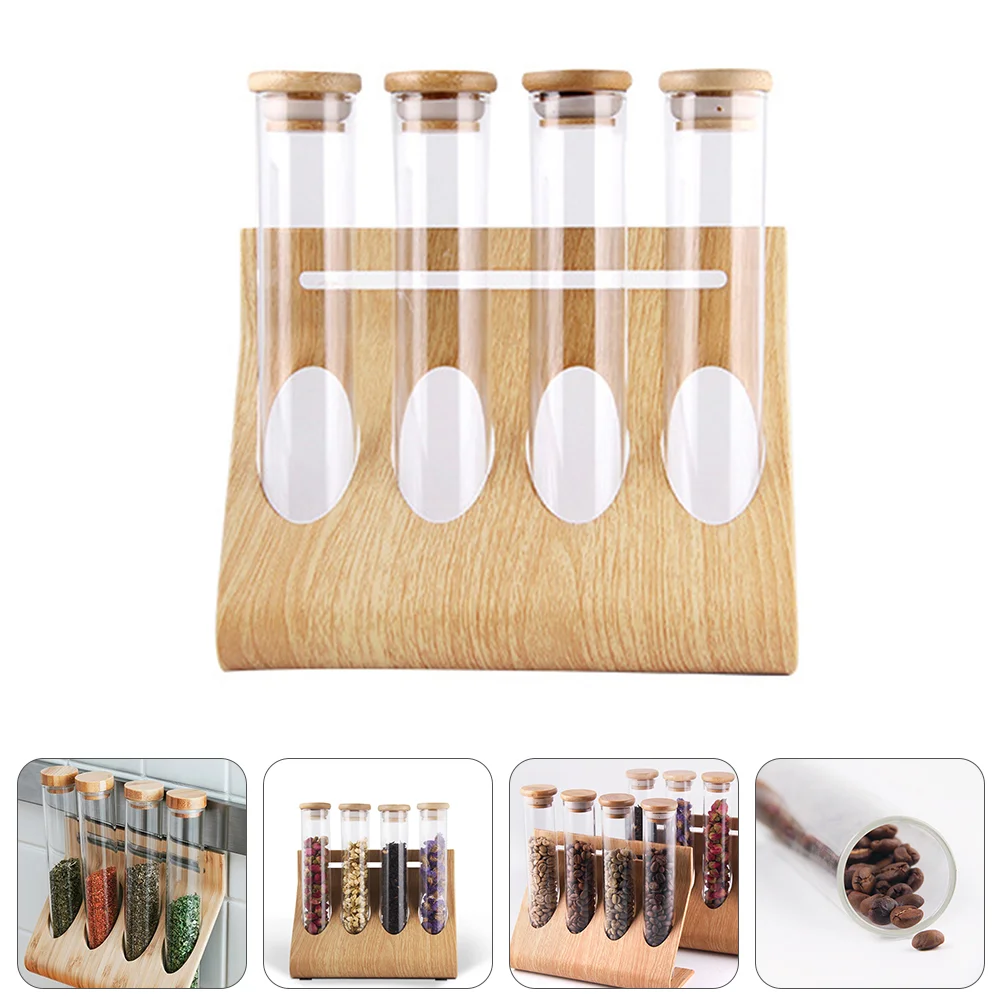 

1 Set Display Rack Wooden Rack with Four Transparent Coffee Bean Bottles
