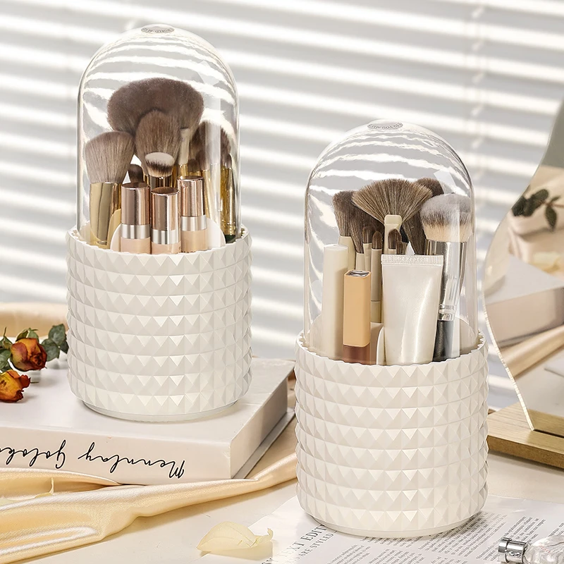 

360° Rotating Makeup Brush Storage Box Portable Desktop Cosmetic Organizer Bucket Large Capacity Dust with Lid Container