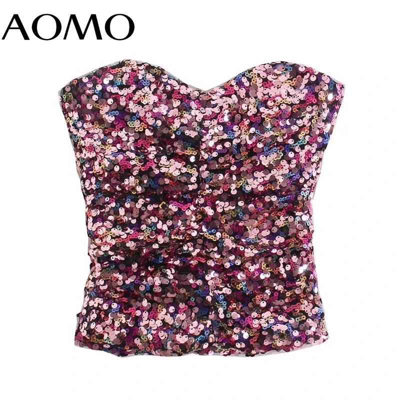 

Женский топ с блестками AOMO, короткий Топ без бретелек с открытой спиной, Женский Топ 3H53A