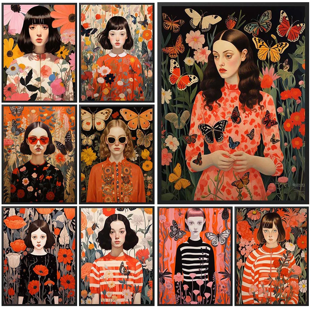 Иллюстрация портрет Девушки Бабочка девушка плакат настенное Искусство Холст