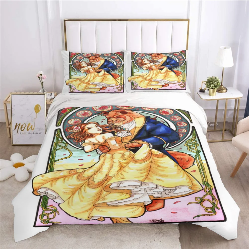 

Beauty and the Beast Cartoon Duvet Cover Pillowcase Yellow 3D Print Bedding Set Cover Bedroom Decor