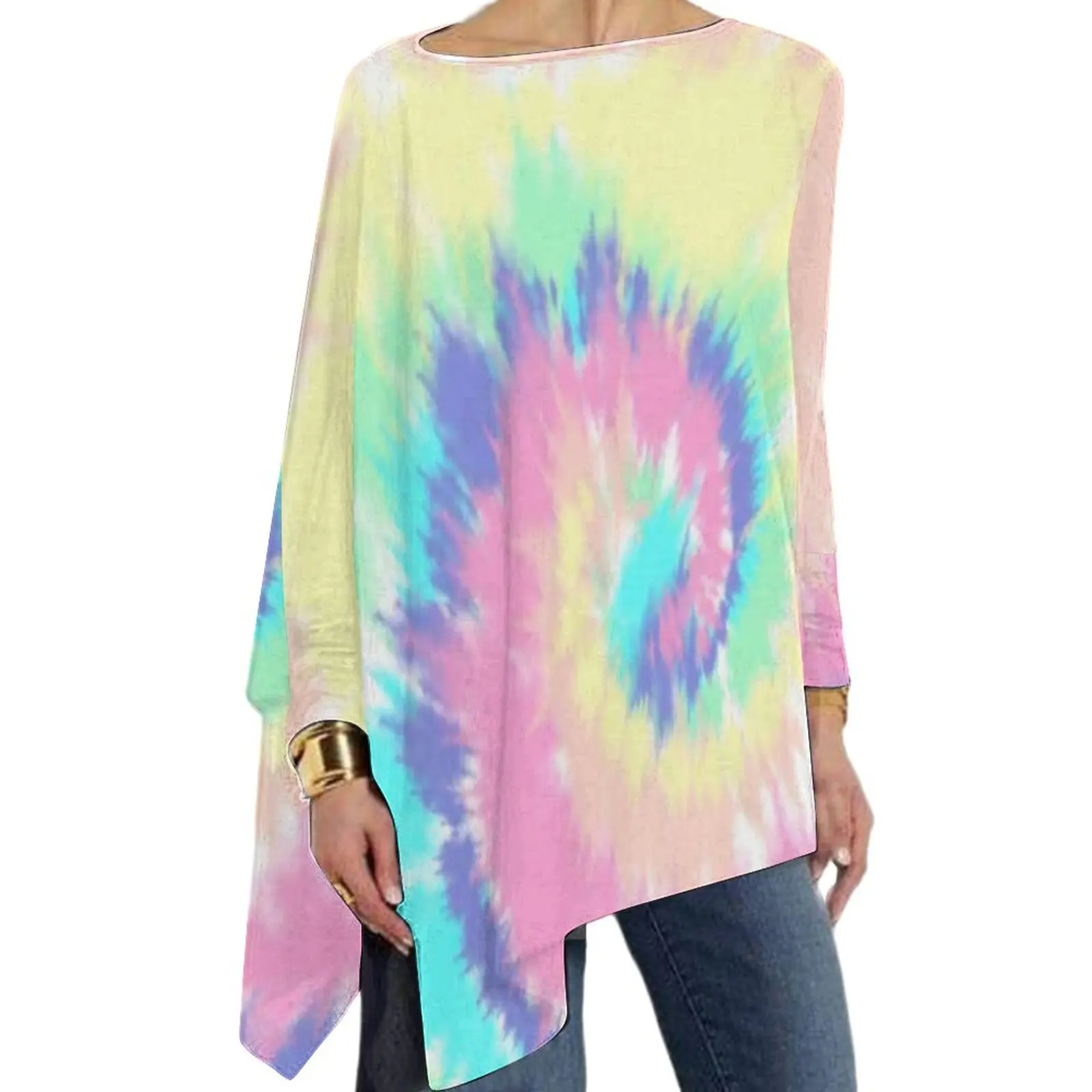 

Colorful Rainbow Print T Shirt Modern Tie Dye Vintage Long Sleeve T-Shirts Womens Street Wear Tshirt Oversize Printed Tops