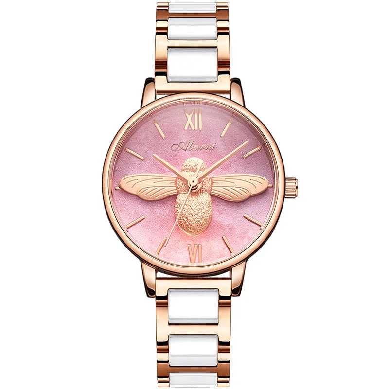 

ABORNI Womens Watches Luxury Ladies Watch Lady Quartz Wristwatch Ceramic Strap 3D Embossed Bee Dial Relogio