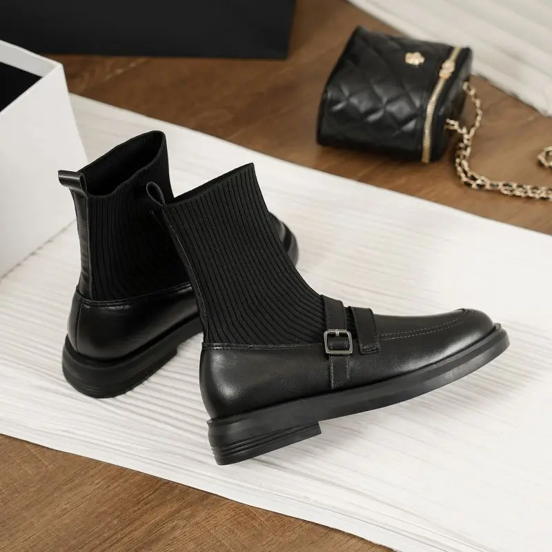 New Women Boots Retro Style Small Leather Shoes Fashion Modern Stretch Boots Ladies Casual Platform Shoes Spring Autumn Boots