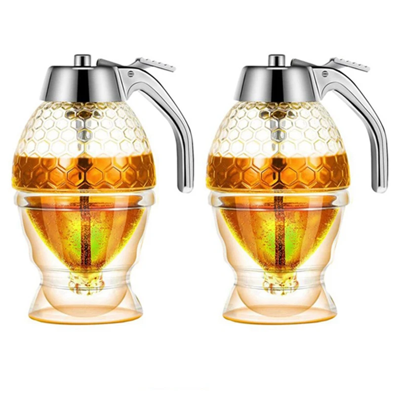 

Honey Dispenser No Drip Syrup Container with Stand Beautiful Honeycomb Shaped Honey Pot Syrup Sugar Container 2 Pack