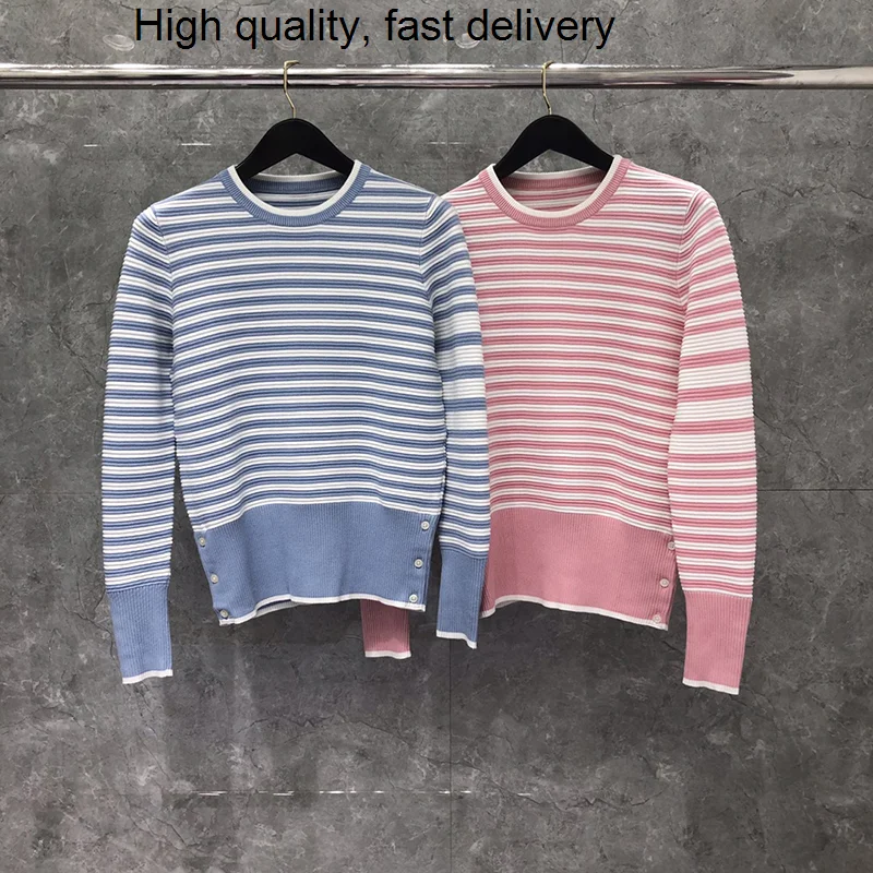 

Pullover TB THOM Sweater for Women White Striped Pink Sweater Female Wool Warm Jumpers Autumn Winter O-Neck Outwear Coat