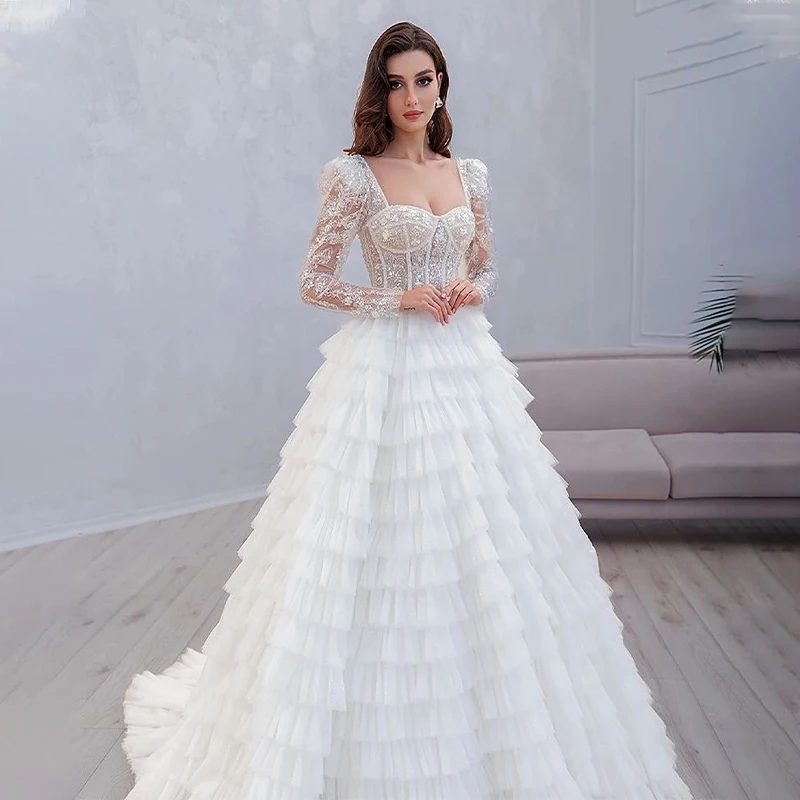 

Stunning Beaded Sequined Tiered Ruffles A Line Wedding Dresses Full Sleeves Sweetheart vestidos de novia