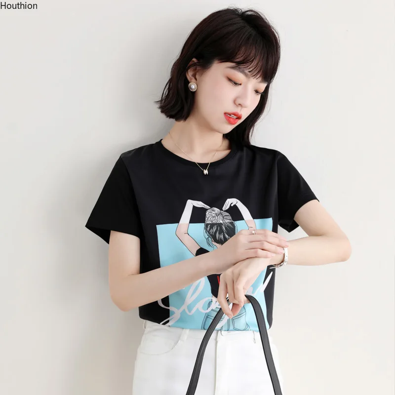 

Женская футболка с принтом, футболки с круглым вырезом, модный Повседневный Топ, свободная хлопковая футболка, летняя женская одежда с коро...