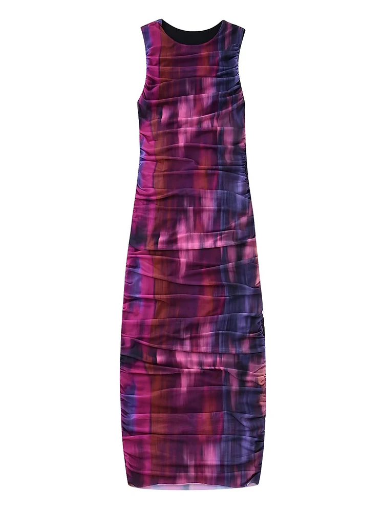 

Women O Neck Sleeveless Print Ruched Mesh Dress Female Sexy Long Dresses