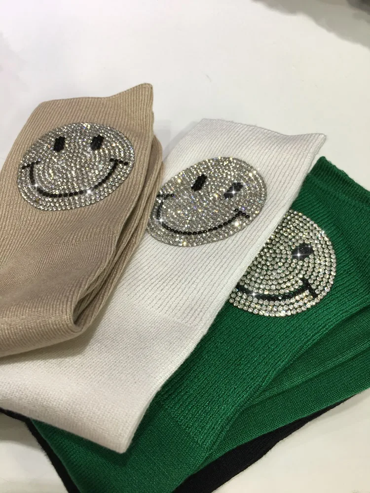 Smiley Hot Drilling Cuteness Women Socks Age Reduction All-match High-quality Pure Cotton Mid-tube Hose Sports Long Stocking