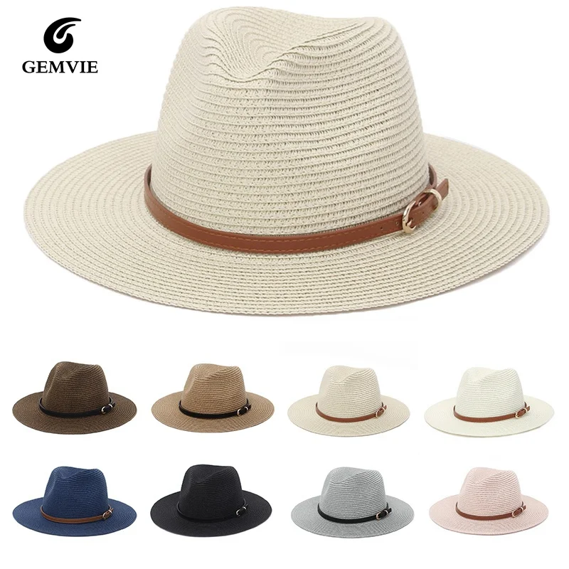 

Соломенная шляпа от солнца для мужчин и женщин, модная фетровая Панама с ремнем, с широкими полями, пляжная шляпа из бумаги, лето