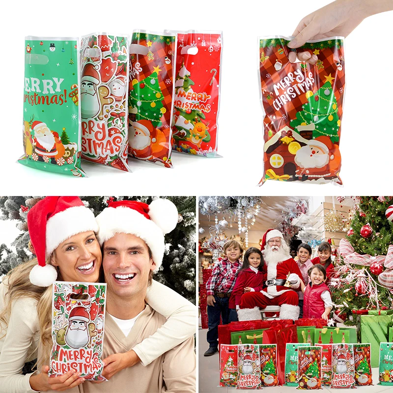 

10pcs Merry Christmas Candy Cookie Bag Santa Claus Elk Xmas Tree Plastic Packaging Bags Christmas Party Gifts Bag New Year Decor