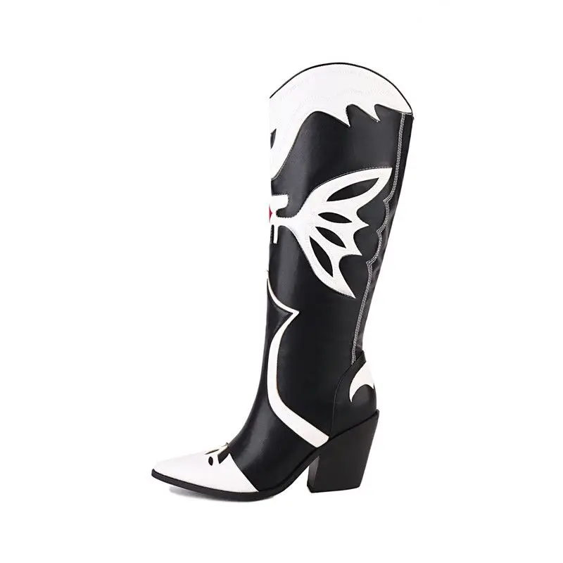 

MKKHOU Fashion Knee-High Boots New Pointed Toe Color-Blocking Western Boots Personality With High-Heeled Women Long Boots