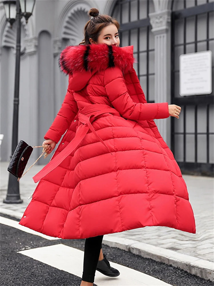 Parkas Coat Women Black Knee Length Down Cotton Coats 2022 Winter New Fashion Big Fur Collar Hooded Thick Warmth Clothing Female
