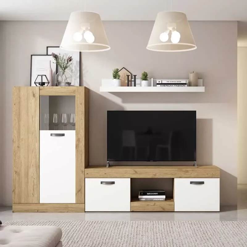 

Набор мебели Argos для гостиной, белый матовый и натуральный обеденный стол в современном стиле (ТВ-стол + полка + Низкий шкаф)