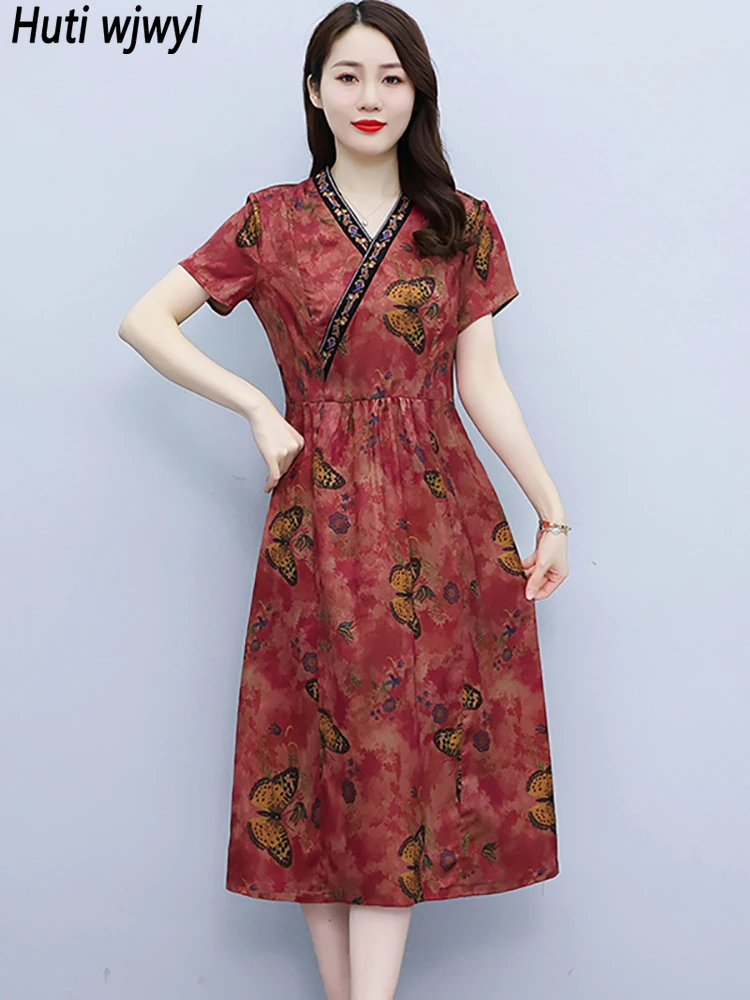 

High Quality Silk Print Embroidery Midi Dress Summer Vintage Casual Chic Prom Maxi Dress 2023 Elegant Women Party Evening Dress