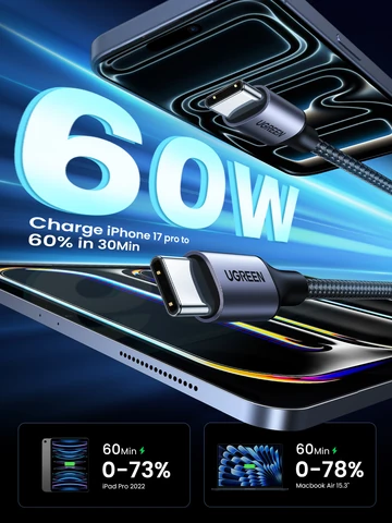 Кабель UGREEN PD3.0 60W USB Type-C - USB-C для быстрой зарядки iPhone 17, 16, MacBook Air, iPad, Samsung, Xiaomi, USB-кабель для быстрой зарядки