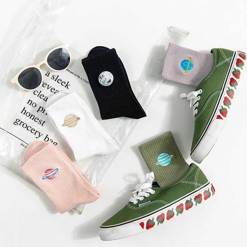Socks Women's Medium Stockings Thin Autumn Cute PlanetEmbroidery Personality Stocking Girls