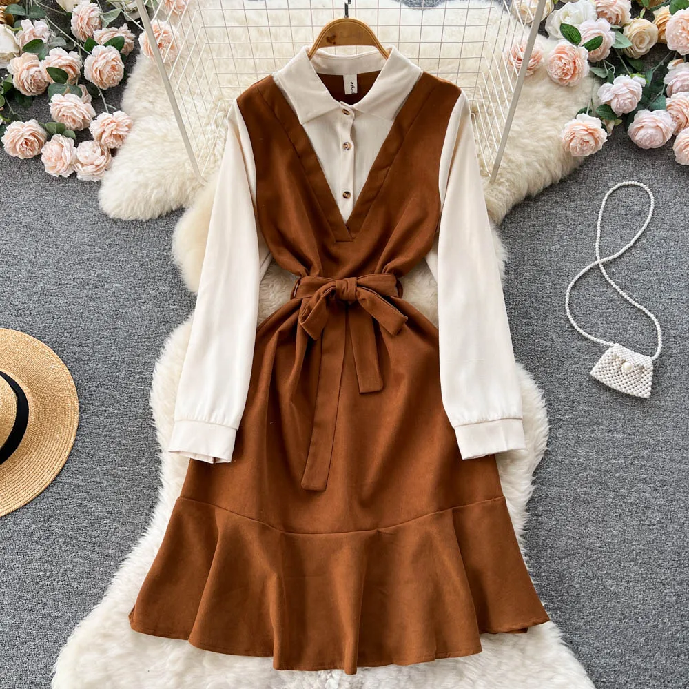 

Осенне-зимнее новое платье из двух частей в стиле ретро с длинными рукавами