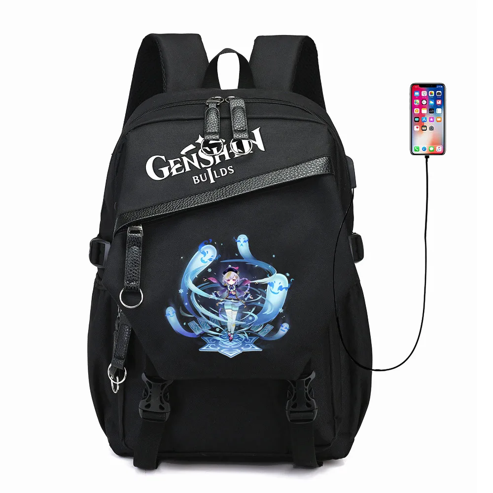 

Genshin Impact Oxford Cloth Backpack USB Charging Packsack Casual Knapsack Student Cartoon Schoolbag Outdoor Travel Laptop Bag