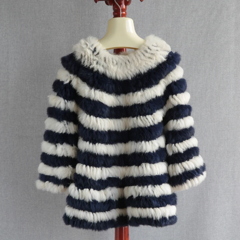 Slightly Elastic Color Matching Striped Rex Rabbit Fur Jacket Wool Hand-Woven Fur Coat Mid-Length Round Neck Leather Fur Coats