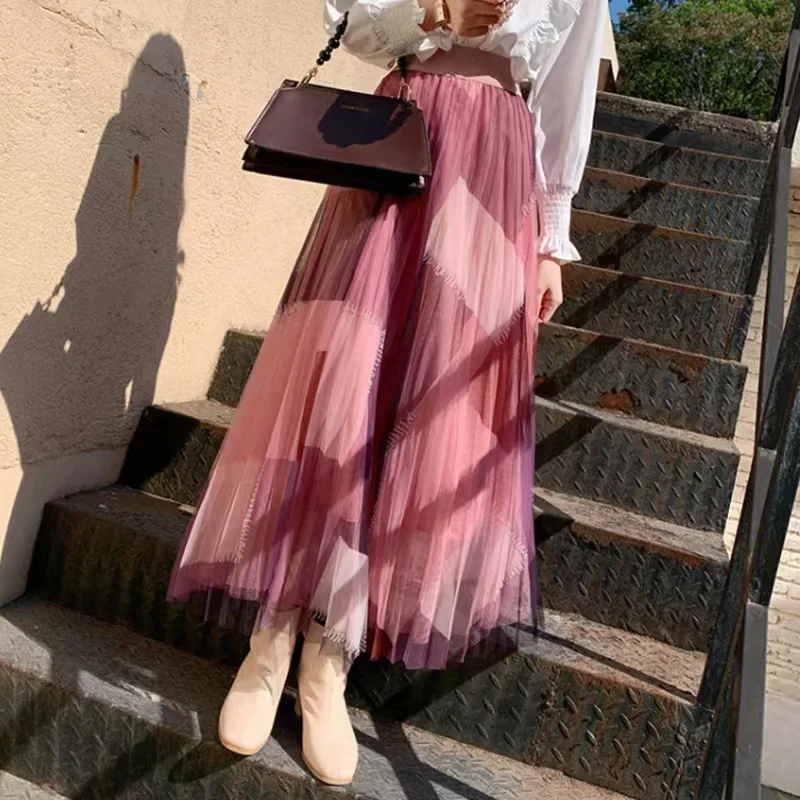 

Korean Style 2022 Geometric Print Skirt Women Purple Black Blue Coffee Long Midi Length Elastic High Waist Tulle Pleated Skirt