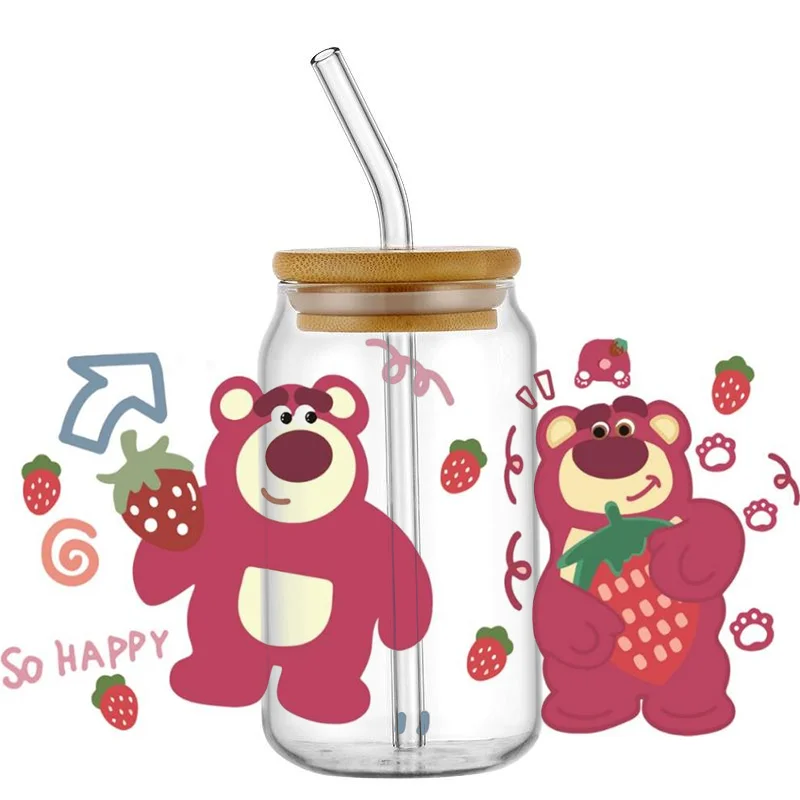 Miniso клубничный Медведь 3D водонепроницаемый UV DTF чашка обертка для 16Oz 10OZ Libbey