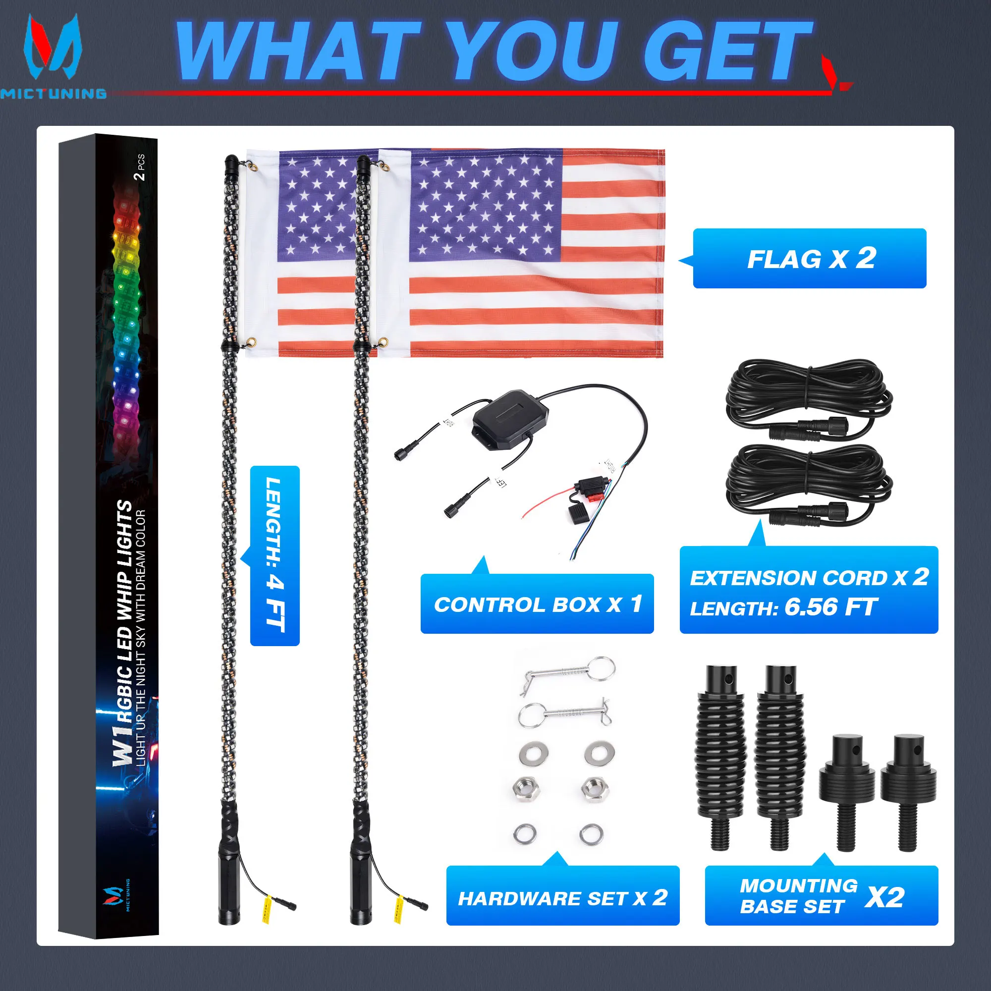 

MICTUNING 2 шт. 4 фута светодиодные фонари для управления приложением, спиральные гибкие RGB + IC, погоня цвета антенны, основание из алюминиевого сплава для грузовика